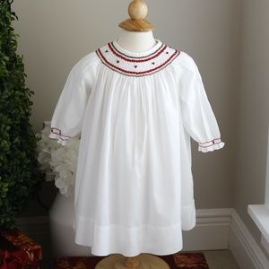 Strasburg Dress Smocked Long Sleeve Bishop White Red Holly Embroidery NWOT